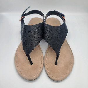 LC Lauren Conrad Black & Tan Laser Cut Design Faux Leather Sandals, Size 8